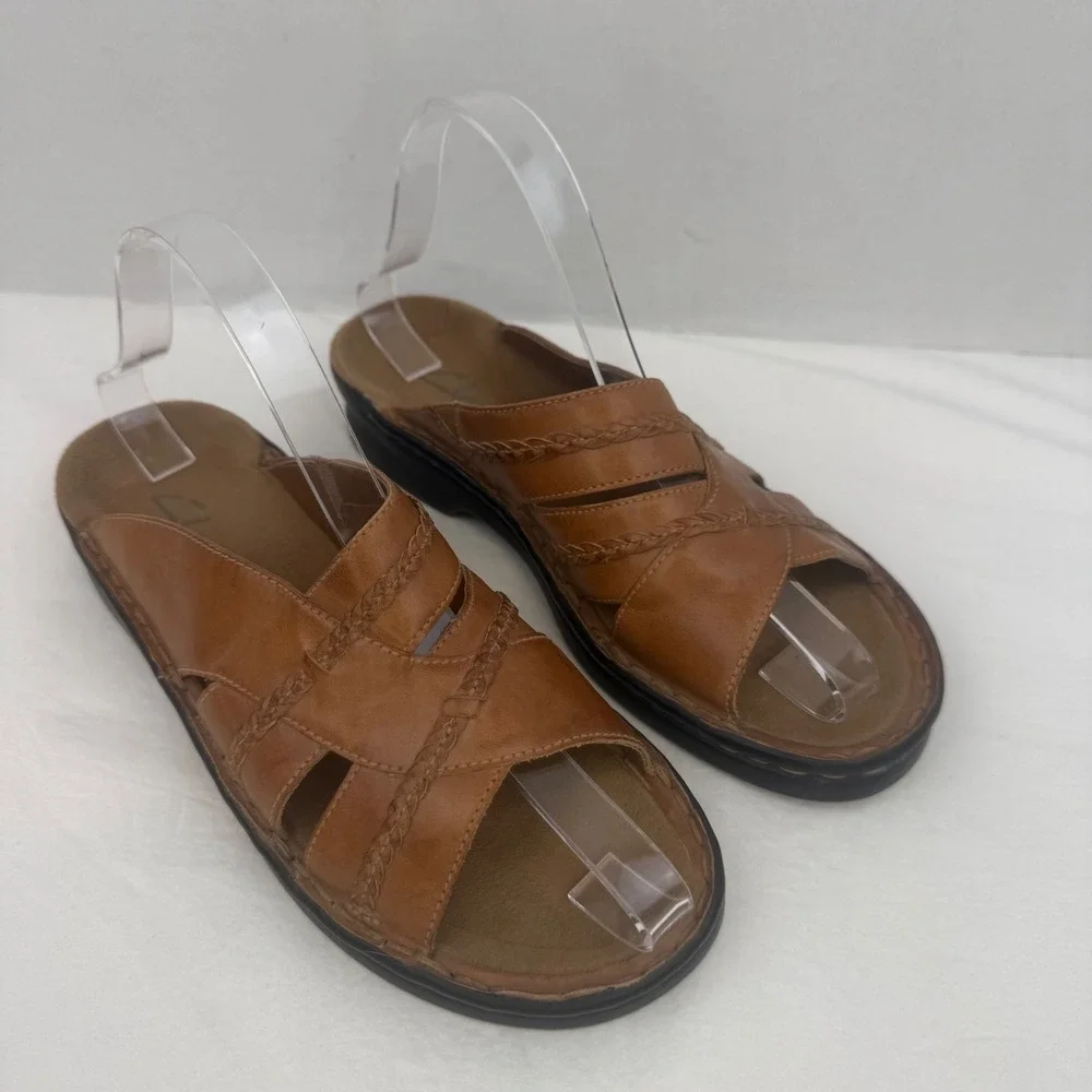 Clarks Womens Tan Brown Leather Braided Slide Sandals Size 7M Made in Brazil - Picture 2 of 13